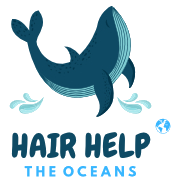 Logo von Hair Help mit einem Wal und der Aufschrift 'HAIR HELP THE OCEANS'.