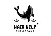 Logo von Hair Help mit einem Wal und der Aufschrift „HAIR HELP THE OCEANS“.